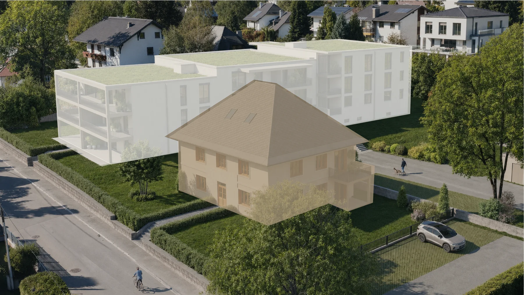 Projektansicht mit dem hell hervorgehobenen Neubau AURA und dem beige hervorgehobenen Bestandsgebäude AURA T – Symbolbild, mit KI bearbeitet