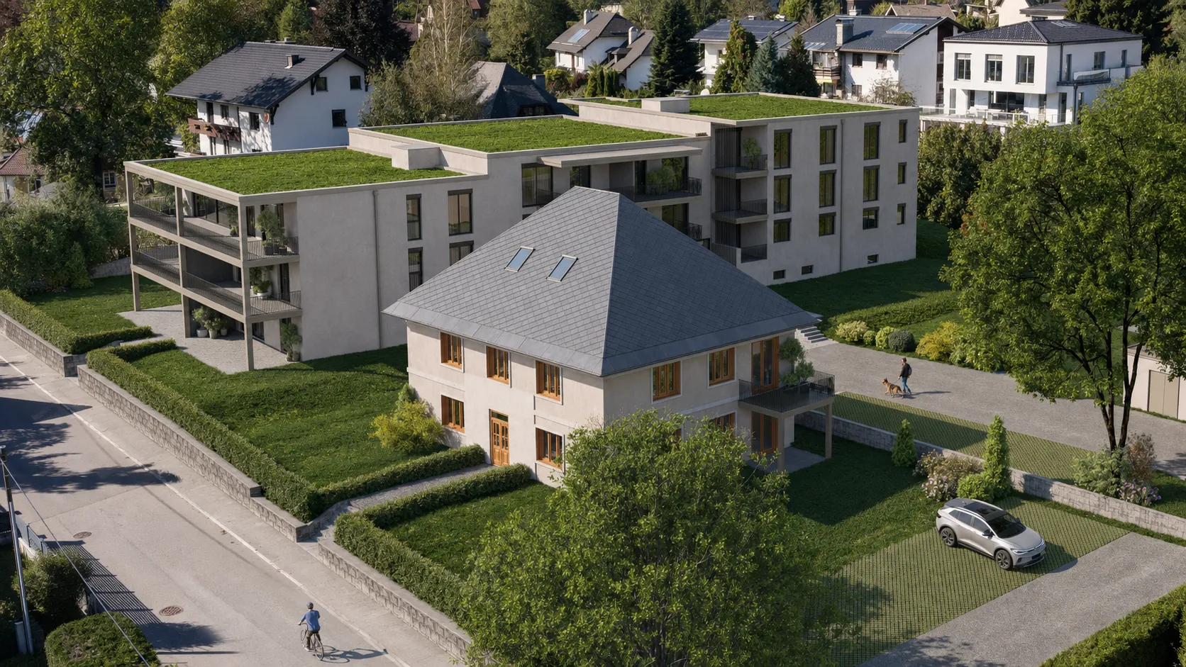 Das begrünte AURA Wohnensemble als Verbindung aus Bestand und Neubau – Symbolbild, mit KI bearbeitet